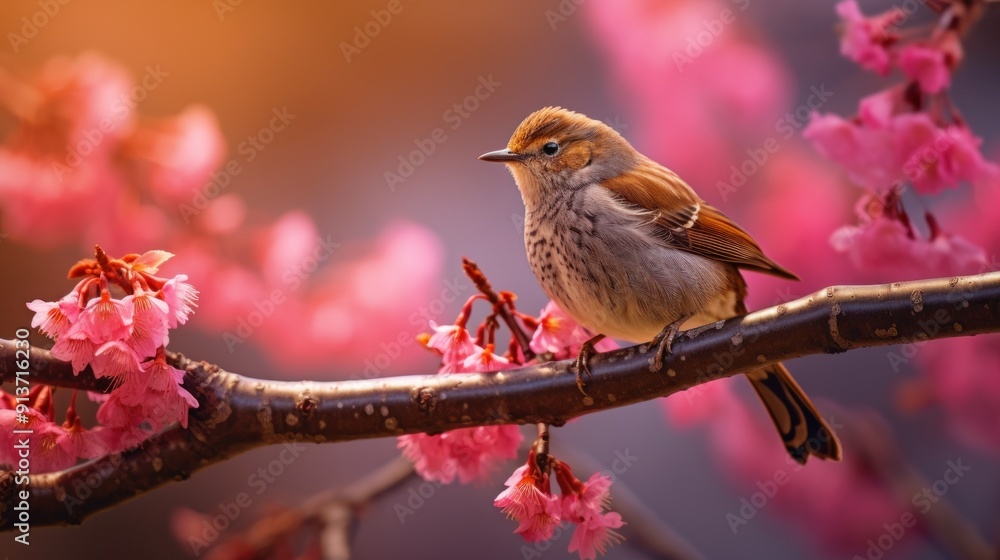 A Tiny Bird Perched on a Branch Surrounded by Pink Blossoms A Tiny Bird Perched on a Branch Surrounded by Pink Blossoms