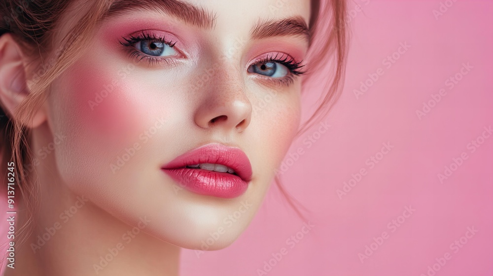 close up portrait of a woman with pink makeup close up portrait of a woman with pink makeup