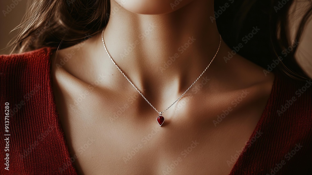 closeup of a beautiful woman wearing necklace with red, ruby pendant closeup of a beautiful woman wearing necklace with red, ruby pendant