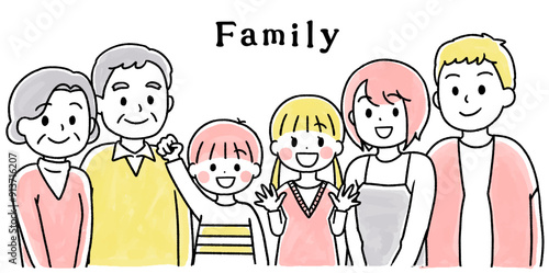 笑顔の三世代家族のシンプルなイラスト