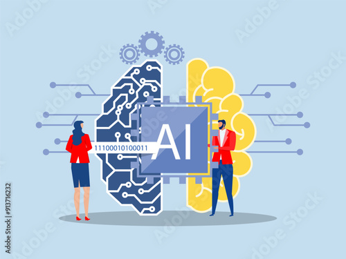 Partnership contact,people matching cyborg idea or artificial intelligence technology futuristic, AI, with brain Machine future cooperation 