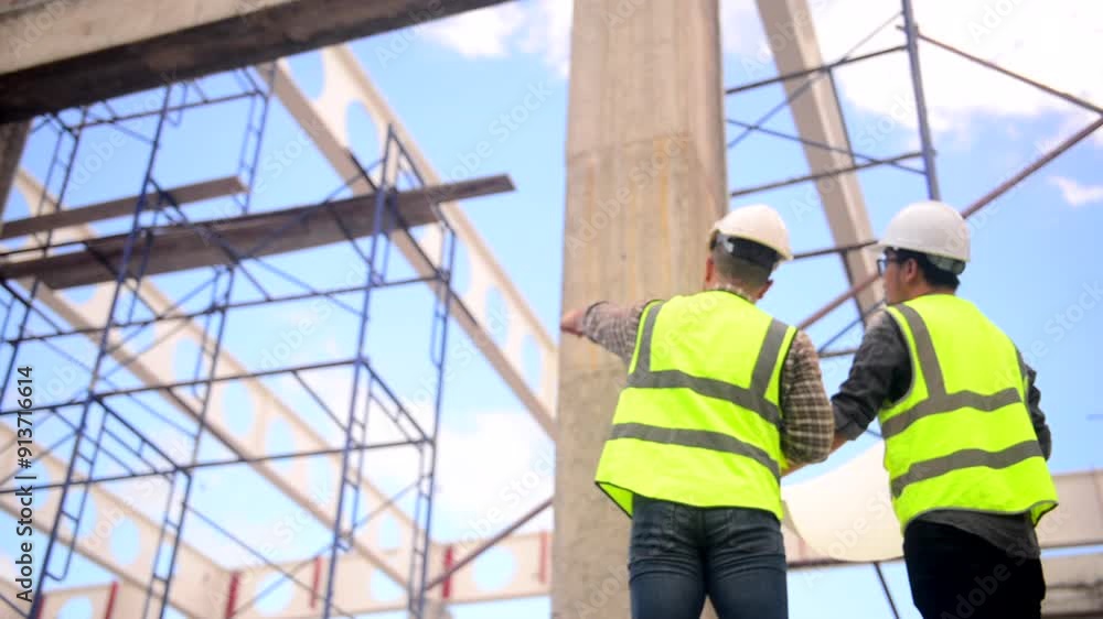 Architects engineer are checking the progress of the building project and checking the accuracy of the building structure. Architects engineer are checking the progress of the building project and checking the accuracy of the building structure.