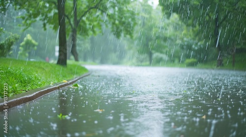 Torrential rain and thunderstorms in an urban park, weather forecast, city in turmoil photo