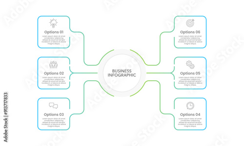Business presentation infographic line design template with 6 options or processes. Vector illustration.
