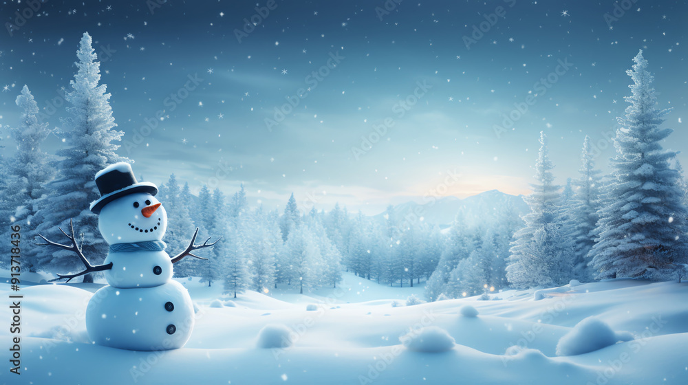 Obraz premium A cheerful snowman stands in a snowy forest with a hat and a smile.