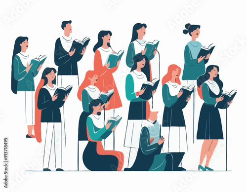 Singers Choir Event. Characters Singing in Chorus. Young Men and Women with Singing Books Perform Musical Composition