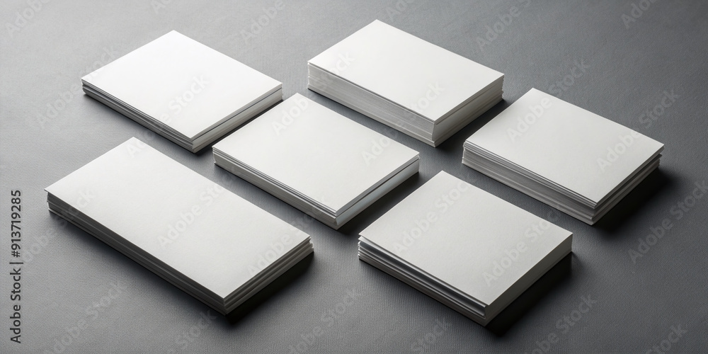 Arrangement of blank white business cards with subtle texture on a sleek grey background, awaiting customization with important contact information and networking details. Arrangement of blank white business cards with subtle texture on a sleek grey background, awaiting customization with important contact information and networking details.