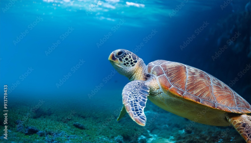Fototapeta premium turtle's detailed shell and serene expression create a peaceful and captivating scene, emphasizing the beauty of marine life, Underwater photograph of a sea turtle gracefully swimming through ocean