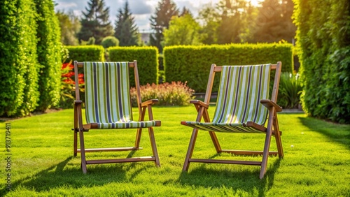 Two chairs on green grass lawn on backyard