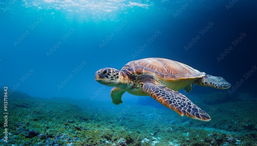 Obraz premium turtle's detailed shell and serene expression create a peaceful and captivating scene, emphasizing the beauty of marine life, Underwater photograph of a sea turtle gracefully swimming through ocean