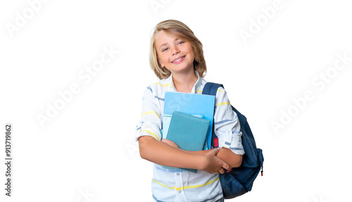 Middle school smiling teen boy girl backpack png isolated white background looking at camera holding books. Copy space for advertising blank concept. Back to school. Childhood, education, products for