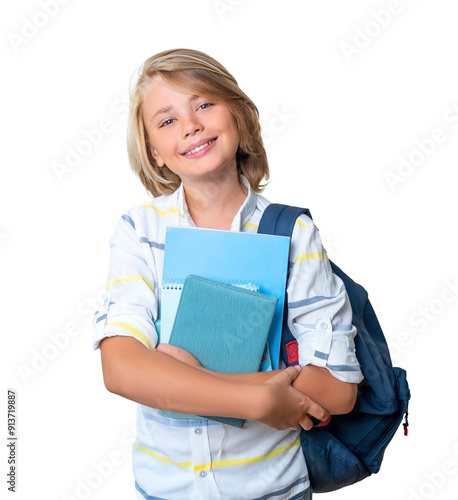 Middle school smiling teen boy girl backpack png isolated white background looking at camera holding books. Copy space for advertising blank concept. Back to school. Childhood, education, products for