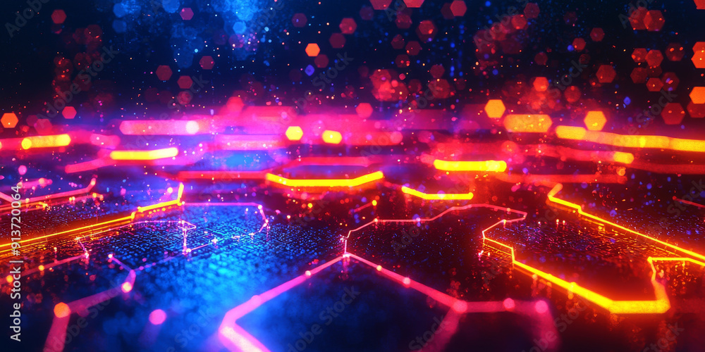 Hexagonal geometric shapes glowing on a dark blue background, reflecting a technology concept Hexagonal geometric shapes glowing on a dark blue background, reflecting a technology concept
