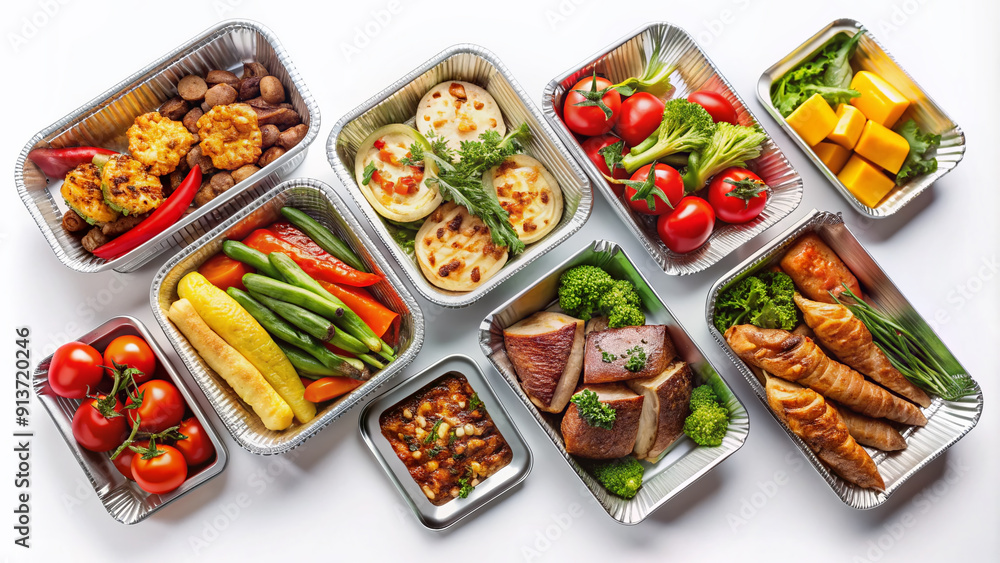 Assortment of takeaway foil containers filled with nutritious meals including grilled meat, steamed vegetables, and low-fat snacks, arranged on a clean white background from above. Assortment of takeaway foil containers filled with nutritious meals including grilled meat, steamed vegetables, and low-fat snacks, arranged on a clean white background from above.