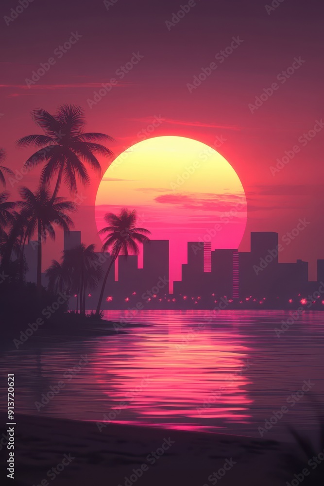 Naklejka premium a sunset over the ocean with palm trees