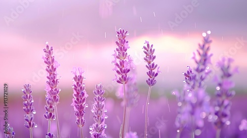 Drizzle on a field of lavender under a cloudy sky, landscape, aromatic calm