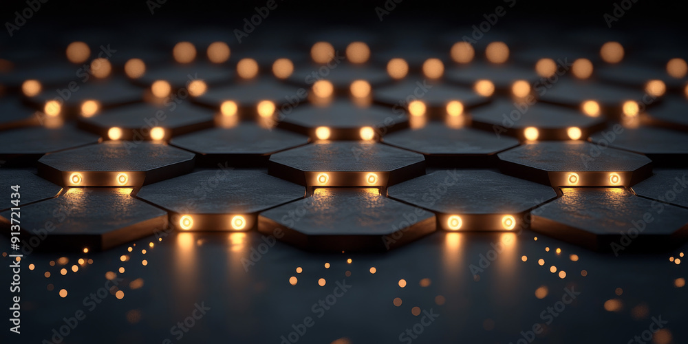 Hexagonal geometric shapes glowing on a dark blue background, reflecting a technology concept Hexagonal geometric shapes glowing on a dark blue background, reflecting a technology concept