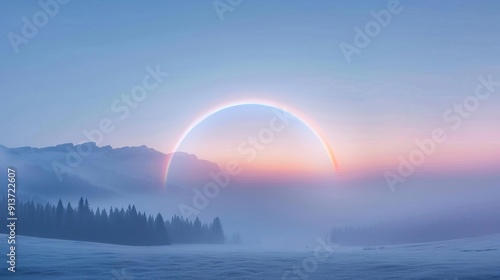 Brocken spectre with vibrant halos in the evening fog, mystical and atmospheric scene, natural wonder