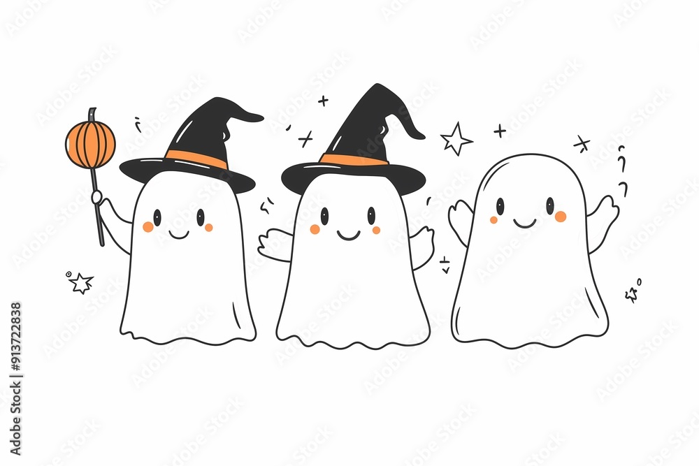 Obraz premium Cute drawn illustration of ghosts with hat and with pumpkins on white background, ghost set, Halloween and children's book illustration concept, greeting card, banner, cut out