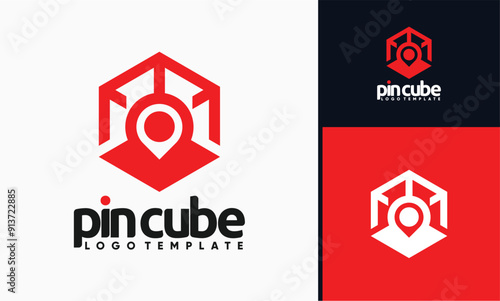 Vector pin map location with cube hexagon corners shape logo design