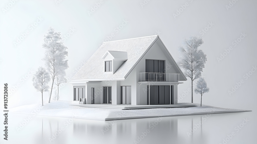 White model of a house with trees. White model of a house with trees.