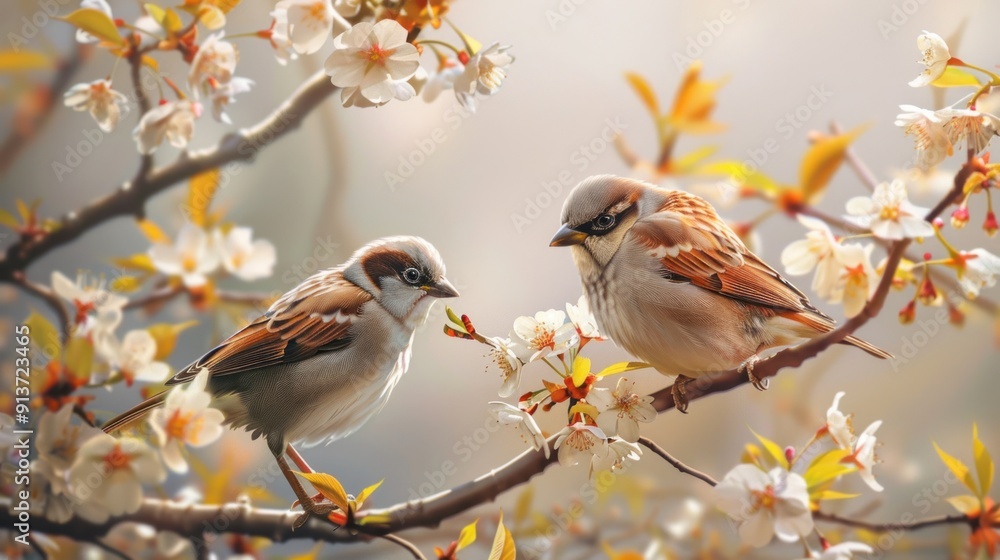 Two sparrows on a blooming cherry branch Two sparrows on a blooming cherry branch