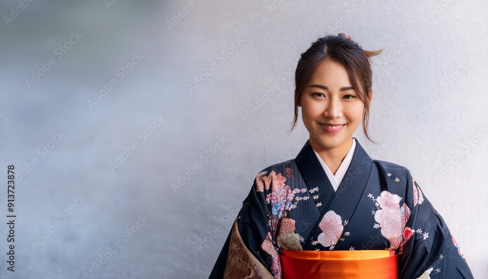 woman in kimono, Portrait of a young Japanese woman dressed in a traditional kimono, standing against a softly blurred background, The kimono features intricate patterns and vibrant colors woman in kimono, Portrait of a young Japanese woman dressed in a traditional kimono, standing against a softly blurred background, The kimono features intricate patterns and vibrant colors