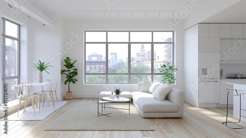 Urban loft with large windows showcasing bustling streets, trendy and vibrant living space, city outlook