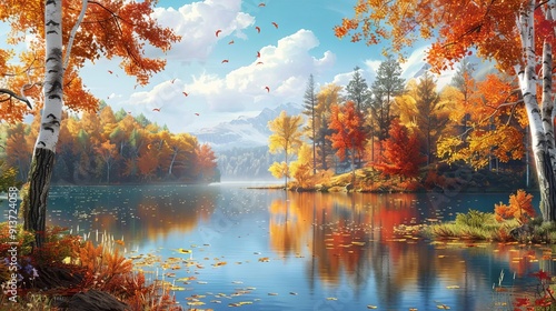 Autumn forest backdrop with a picturesque lake prospect, serene and colorful fall setting