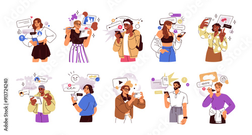 People using mobile phones set. Happy characters holding smartphones, gadgets, use online apps, surfing internet, sharing content in social media. Flat vector illustration isolated on white background