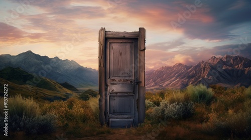 Separated wooden door installed on hill in mountains area in evening. Neural network ai generated art
