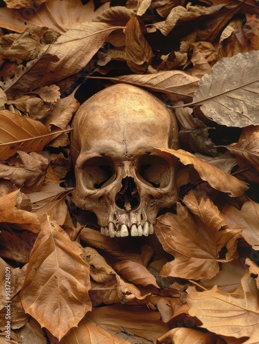 a skull is surrounded by leaves photo