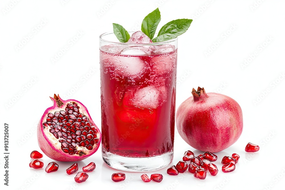 Refreshing Pomegranate Juice with Ice isolated on white background Refreshing Pomegranate Juice with Ice isolated on white background