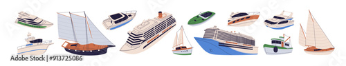 Ships and boats, different types. Passenger sea transport. Modern marine vessels set. Sailboat, sail yacht, cruise ferry, cruisers and liner. Flat vector illustration isolated on white background