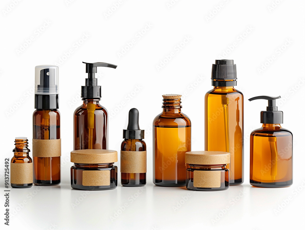 Assorted Brown Glass Bottles and Jars Displayed on a Clean White Surface Assorted Brown Glass Bottles and Jars Displayed on a Clean White Surface