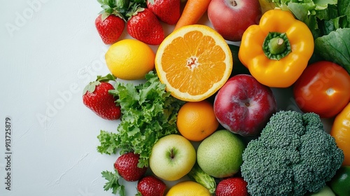 Vibrant Assortment of Fresh Fruits and Vegetables on Clean White Background - Healthy Eating Concept