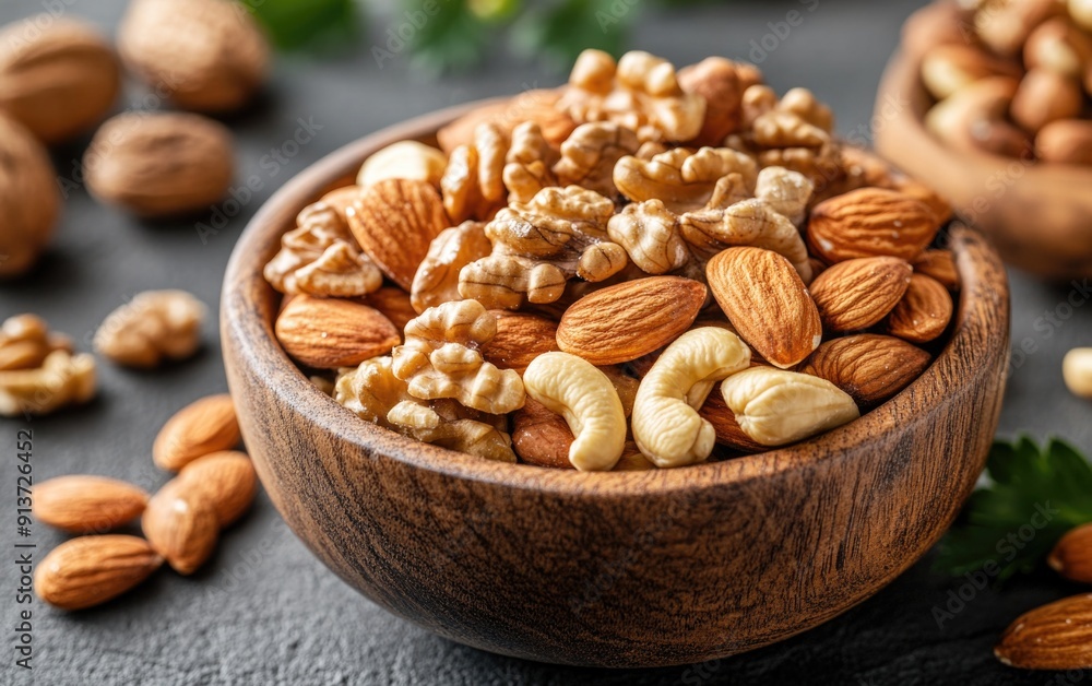 Assortment of Healthy Mixed Nuts like Almonds, Walnuts, and Cashews in Wooden Bowl, Nutritious Snack Rich in Healthy Fats Assortment of Healthy Mixed Nuts like Almonds, Walnuts, and Cashews in Wooden Bowl, Nutritious Snack Rich in Healthy Fats