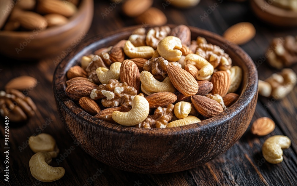 Assorted Mixed Nuts in Wooden Bowl - Healthy Fats and Nutrients for Snacking or Cooking Assorted Mixed Nuts in Wooden Bowl - Healthy Fats and Nutrients for Snacking or Cooking