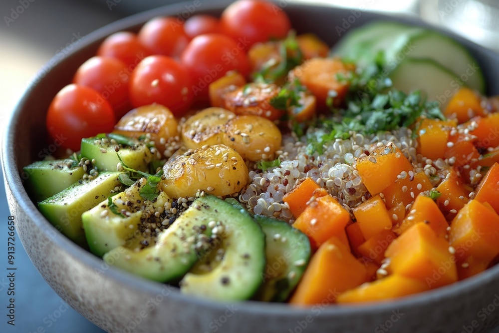 Vibrant Quinoa and Vegetable Bowl - Balanced Meal in Beautiful Arrangement Vibrant Quinoa and Vegetable Bowl - Balanced Meal in Beautiful Arrangement