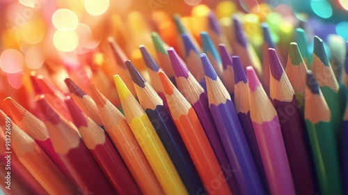 many colored pencils are arranged in a row photo