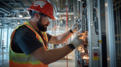 Specialists working together to install a complete lightning protection system, including the placement of surge protectors and bonding conductors, 