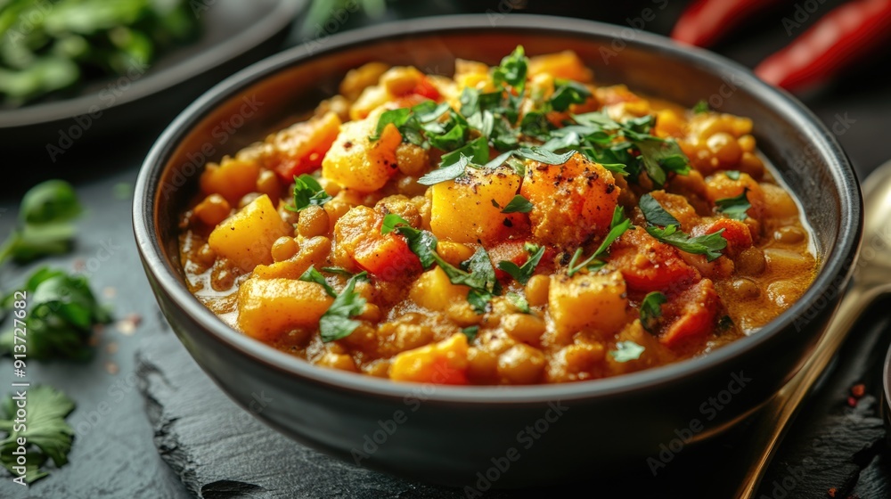 Fragrant Lentil and Vegetable Curry in Colorful Presentation Bowl, Hearty and Healthy Vegan Dish Fragrant Lentil and Vegetable Curry in Colorful Presentation Bowl, Hearty and Healthy Vegan Dish
