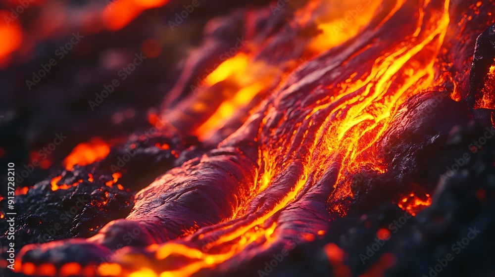 Cinematic Closeup of Dynamic Flowing Lava Stream Near Volcano Cinematic Closeup of Dynamic Flowing Lava Stream Near Volcano