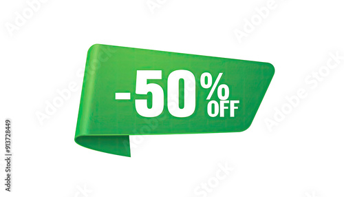 inscription '50 - Discount' green angular ribbon shopping label sale special offer