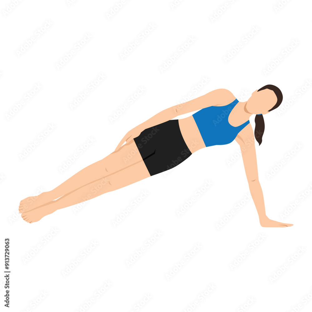 Woman doing Forearm Side Plank Pose Arm Down or Forearm Vasisthasana Arm Down. Flat vector illustration isolated on white background Woman doing Forearm Side Plank Pose Arm Down or Forearm Vasisthasana Arm Down. Flat vector illustration isolated on white background