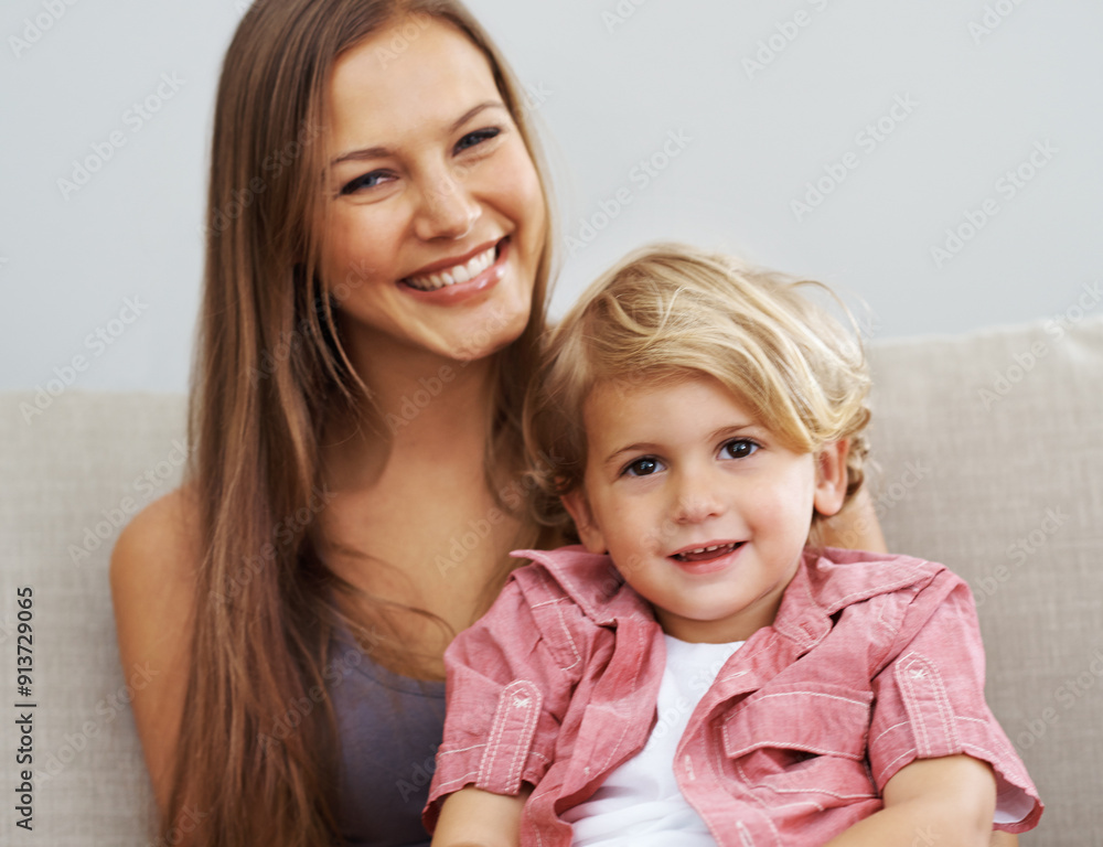 Hug, mom and boy child in portrait for love, care or bonding together with single parent or wellness. House, safety and happy mother in family home with support, security and smile with kid or son Hug, mom and boy child in portrait for love, care or bonding together with single parent or wellness. House, safety and happy mother in family home with support, security and smile with kid or son