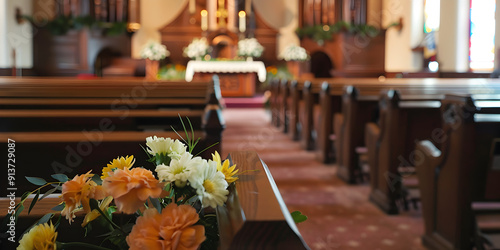 A group of people are sitting in a church The light is shining through the stained glass windows The people are all wearing different clothes
