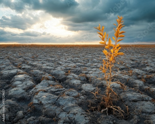 Drought-Stricken Landscape: Withered and Dried Plants Under Environmental Stress photo