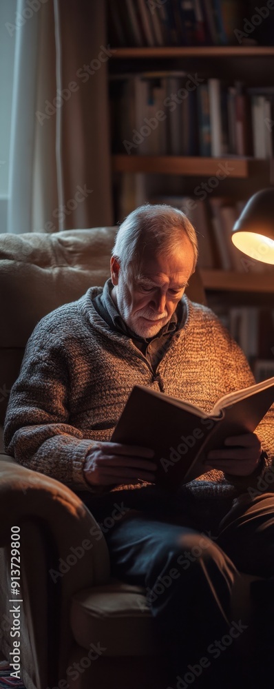 A senior man reading a book in a cozy armchair, with a warm light illuminating the pages, emphasizing relaxation and lifelong learning A senior man reading a book in a cozy armchair, with a warm light illuminating the pages, emphasizing relaxation and lifelong learning