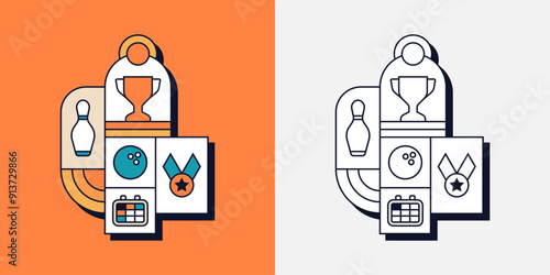 Bowling Shoe Skittles Ball Sport Game Competition Trophy Medal Geometric Line Art Illustration